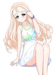 Rule 34 | 1girl, absurdres, blonde hair, blush, bracelet, casual, choker, closed mouth, commentary, dress, drill hair, earlobe1514366, girls und panzer, green eyes, half-closed eyes, hand in own hair, head tilt, highres, jewelry, long hair, looking at viewer, marie (girls und panzer), short dress, simple background, sitting, smile, solo, sundress, white background, white choker