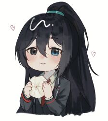 Rule 34 | 1boy, baozi, black coat, black hair, black vest, blush, chibi, closed mouth, coat, collared shirt, food, heterochromia, high ponytail, hong lu (project moon), limbus company, long hair, long sleeves, looking at viewer, male focus, msx (mis4xi), necktie, project moon, red necktie, shirt, simple background, smile, solo, very long hair, vest, white background, white shirt