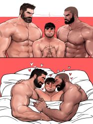Rule 34 | 3boys, abs, bara, beard, bed, bed sheet, biceps, black eyes, black hair, blush, buzz cut, couple, dopey (dopq), closed eyes, facial hair, hairy, heart, highres, hug, large pectorals, looking at another, lying, male focus, manly, mature male, multiple boys, muscular, muscular male, nipples, on back, original, pectorals, pillow, polygamy, short hair, simple background, spiked hair, sweat, sweatdrop, thick arms, thick eyebrows, topless male, upper body, very short hair, yaoi