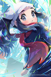 Rule 34 | 1girl, akari (pokemon), black hair, blush, cloud, commentary request, creatures (company), day, eyelashes, falling leaves, floating hair, game freak, grey eyes, grey jacket, grey skirt, head scarf, highres, jacket, leaf, lens flare, logo, long hair, looking at viewer, looking back, mountain, naoto (yandereheaven), nintendo, outdoors, parted lips, pokemon, pokemon legends: arceus, ponytail, red scarf, scarf, sidelocks, skirt, sky, solo, watermark, white headwear