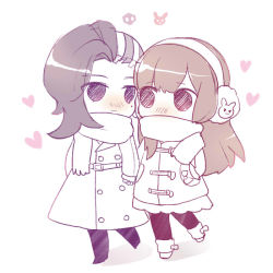 Rule 34 | 2girls, :3, animal print, arm behind back, asymmetrical hair, blush, brown hair, casual, chibi, coat, couple, covered mouth, d.va (overwatch), earmuffs, facepaint, facial mark, full body, heart, holding hands, kaoruru (sakuno2911), long hair, looking at another, looking to the side, mole, mole under eye, multiple girls, no nose, overwatch, overwatch 1, pants, pantyhose, rabbit print, scarf, simple background, sketch, solid circle eyes, sombra (overwatch), swept bangs, walking, whisker markings, white background, yuri