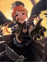 Rule 34 | 10s, 1girl, :d, bare shoulders, black dress, black gloves, black wings, blush, brown hair, crying, dani-ikapi, dress, earrings, feathered wings, feathers, frilled sleeves, frills, gloves, hair ornament, hand on own cheek, hand on own face, idolmaster, idolmaster million live!, jewelry, long hair, looking at viewer, open mouth, orange hair, outstretched hand, red eyes, see-through, smile, solo, swept bangs, tears, tenkuubashi tomoka, wings