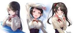 Rule 34 | 1girl, absurdres, alternate hair length, alternate hairstyle, black hair, blouse, blue eyes, blue skirt, blush, bow, bowtie, breasts, center frills, closed mouth, collared shirt, commentary request, dated, frilled shirt, frills, hair ribbon, high-waist skirt, highres, hololive, kinoko (shikimylove), large breasts, long hair, long sleeves, looking at viewer, multiple views, oozora subaru, oozora subaru (casual), open mouth, parted lips, plaid, plaid skirt, red bow, red bowtie, red ribbon, ribbon, shirt, short hair, signature, skirt, smile, teeth, twintails, upper body, upper teeth only, virtual youtuber, white background, white ribbon, white shirt