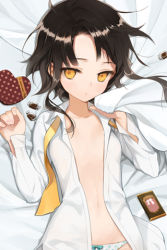 Rule 34 | 1girl, arms up, bed, bed sheet, black hair, candy, chocolate, collarbone, cropped, dress shirt, flat chest, food, heart, holding, lowres, lying, midriff, navel, necktie, no bra, no pants, on back, open clothes, open shirt, panties, salt (salty), sheet grab, shirt, short hair, short hair with long locks, sita vilosa, solo, sword girls, underwear, white panties, yellow eyes