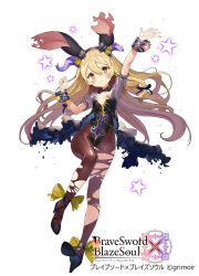 Rule 34 | 1girl, animal ears, ankle ribbon, arm up, black dress, black leotard, black pantyhose, blonde hair, blush, braid, brave sword x blaze soul, breasts, copyright name, dress, fake animal ears, floating hair, gaou (umaiyo puyoman), hair between eyes, hand up, high heels, highres, leg ribbon, leotard, light frown, long hair, looking at viewer, official art, outstretched arm, pantyhose, playboy bunny, rabbit ears, ribbon, short sleeves, simple background, small breasts, solo, star (symbol), starry background, torn clothes, torn dress, torn pantyhose, twin braids, watermark, white background, wrist cuffs, yellow ribbon