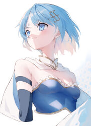 Rule 34 | 1girl, 200f (nifu), absurdres, bare shoulders, blue dress, blue eyes, blue hair, blush, breasts, cape, closed mouth, detached sleeves, dress, fortissimo, frills, hair between eyes, hair ornament, highres, long sleeves, looking to the side, mahou shoujo madoka magica, mahou shoujo madoka magica (anime), mandarin collar, medium breasts, miki sayaka, musical note, musical note hair ornament, short hair, simple background, smile, solo, upper body, white background, white cape