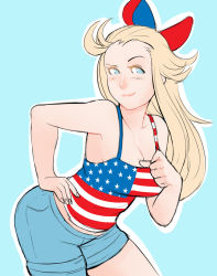 Rule 34 | 1girl, american flag, ass, blonde hair, blush, bow, bravely default: flying fairy, bravely default (series), breasts, cleavage, contemporary, edea lee, flag print, greenmarine, hair bow, hand on own hip, highres, large breasts, leaning forward, long hair, shorts, smile, solo, spaghetti strap, tank top