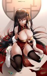 Rule 34 | 1girl, azur lane, backlighting, black hair, breasts, bridal gauntlets, china dress, chinese clothes, cleavage, cleavage cutout, clothing cutout, dress, feather boa, fishnet thighhighs, fishnets, garter straps, hair between eyes, highres, large breasts, long hair, looking at viewer, official alternate costume, parted lips, peacock feathers, pelvic curtain, red dress, red eyes, side slit, sitting, solo, taihou (azur lane), taihou (phoenix&#039;s spring song) (azur lane), thighhighs, thighs, wariza, zasshu