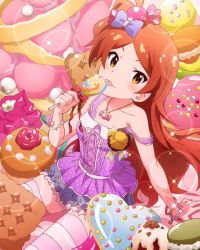 Rule 34 | 10s, 1girl, brown hair, candy, idolmaster, idolmaster million live!, licking, lollipop, long hair, official art, one side up, ogami tamaki, orange eyes, ribbon, side ponytail, sitting, solo, sparkle