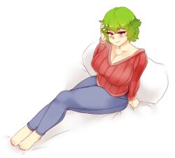 Rule 34 | 1girl, barefoot, blue pants, blush, breasts, cleavage, feet, from above, full body, green hair, kazami yuuka, large breasts, legs, looking at viewer, on bed, pants, pillow, red eyes, ribbed sweater, rtil, short hair, sitting, solo, sweater, toenails, toes, touhou