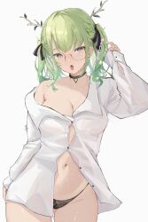 Rule 34 | 1girl, absurdres, antlers, black choker, black panties, branch, breasts, ceres fauna, choker, chyraliss, flower, glasses, gluteal fold, green hair, hair flower, hair ornament, hair ribbon, heart, heart-shaped pupils, highres, hololive, hololive english, horns, large breasts, leaf, long hair, naked shirt, navel, open mouth, panties, partially unbuttoned, revision, ribbon, shirt, simple background, single bare shoulder, solo, stomach, symbol-shaped pupils, tongue, tongue out, two side up, underwear, virtual youtuber, wavy hair, white background, white shirt, yellow eyes