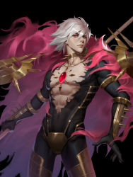 Rule 34 | 1boy, bishounen, blue eyes, choker, closed mouth, collarbone, fate/grand order, fate (series), floating, gem, gold, hair between eyes, highres, holding, holding polearm, holding weapon, karna (fate), male focus, pectorals, polearm, solo, spiked choker, spikes, stan., vambraces, weapon, white hair