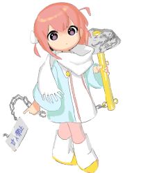 Rule 34 | 1girl, bad drawr id, bad id, black eyes, blue shirt, boots, chain, child, closed mouth, expressionless, full body, hammer, holding, holding hammer, kwgt, looking at viewer, oekaki, original, red hair, scarf, shirt, short hair, simple background, solo, standing, tachi-e, white background, white footwear, white scarf, wide sleeves