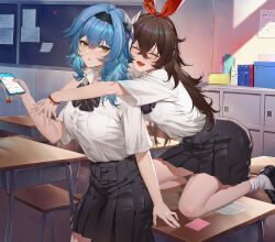 Rule 34 | 2girls, absurdres, alternate costume, amber (genshin impact), black bow, black footwear, black hairband, black skirt, blue hair, board, bow, bowtie, bracelet, breasts, brown hair, cellphone charm, chair, charm (object), classroom, closed eyes, collared shirt, crossed bangs, desk, double-parted bangs, eula (genshin impact), fang, full body, genshin impact, hair between eyes, hair ornament, hair ribbon, hairband, highres, holding, holding phone, hug, hug from behind, indoors, jewelry, large breasts, leaning on table, lips, long hair, looking at another, medium breasts, medium hair, multiple girls, on desk, open mouth, phone, pleated skirt, ribbon, school chair, school desk, school uniform, shirt, shirt tucked in, sidelocks, silhouette, sitting, skirt, socks, standing on desk, tu er tm, uniform, upper body, wariza, wavy hair, white shirt, white socks, window shadow, yellow eyes