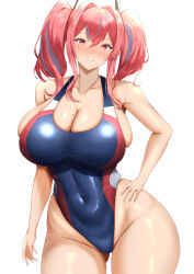 Rule 34 | 1girl, alternate costume, azur lane, bare shoulders, blue one-piece swimsuit, blush, breasts, bremerton (azur lane), cleavage, cloud, collarbone, commentary, competition swimsuit, covered navel, cowboy shot, crossed bangs, gluteal fold, grey hair, grin, groin, hair between eyes, hair intakes, hand on own hip, highleg, highres, huge breasts, long hair, looking at viewer, multicolored hair, no mole, one-piece swimsuit, pink eyes, pink hair, ranhatu, revision, sidelocks, simple background, skindentation, smile, solo, standing, streaked hair, swimsuit, teeth, twintails, two-tone hair, white background
