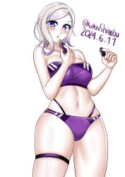 Rule 34 | 1girl, absurdres, bikini, breasts, cosmetics, feet out of frame, gradient hair, highres, holding, holding lipstick tube, jean bart (kancolle), kantai collection, katou shinobu, lipstick, lipstick tube, makeup, medium breasts, multicolored hair, one-hour drawing challenge, pale skin, purple bikini, purple eyes, simple background, solo, swimsuit, white background, white hair