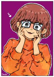 Rule 34 | 1girl, black eyes, brown hair, danishi, frills, glasses, hands on own face, heart, highres, looking at viewer, orange sweater, purple background, scooby-doo, short hair, simple background, smile, solo, sweater, turtleneck, turtleneck sweater, upper body, velma dace dinkley, yandere