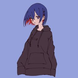 Rule 34 | 1girl, arms at sides, black hoodie, blue background, blue eyes, blue hair, braid, closed mouth, colored inner hair, commentary request, cropped torso, expressionless, floating hair, highres, hood, hood down, hoodie, kamitsubaki studio, karakai 13, long sleeves, multicolored eyes, multicolored hair, red eyes, red hair, rim (kamitsubaki studio), short hair, side braid, simple background, solo, virtual youtuber
