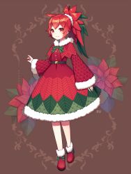 Rule 34 | 1girl, aona (noraneko), belt, blush, boots, bow, capelet, closed mouth, dress, flower, fur trim, green hair, hair tie, long hair, long sleeves, looking at viewer, multicolored hair, original, personification, poinsettia, ponytail, quilted clothes, red eyes, red hair, sleeves past wrists, smile, solo, striped, striped bow, two-tone hair