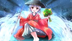 Rule 34 | 1girl, :d, bad id, bad pixiv id, bowl, bowl hat, brown eyes, hat, highres, holding, looking at viewer, miracle mallet, open mouth, risutaru, silver hair, sitting, smile, solo, sukuna shinmyoumaru, touhou