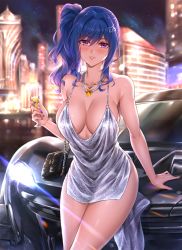 Rule 34 | 1girl, azur lane, backlighting, bag, bare arms, bare shoulders, blue hair, blue nails, blurry, blurry background, bokeh, breasts, building, car, champagne flute, chinese commentary, city, cleavage, collarbone, commentary request, cowboy shot, cup, depth of field, dress, drinking glass, evening gown, fingernails, glint, grey dress, hair between eyes, hair intakes, hair ornament, hairclip, hand up, handbag, highres, holding, holding cup, hua-j, jewelry, large breasts, light particles, long hair, looking at viewer, motor vehicle, nail polish, necklace, night, o-ring, outdoors, parted lips, pelvic curtain, pendant, plunging neckline, purple eyes, short dress, side ponytail, sidelocks, sitting, sleeveless, sleeveless dress, smile, solo, spaghetti strap, st. louis (azur lane), st. louis (luxurious wheels) (azur lane)
