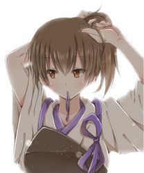 Rule 34 | 10s, 1girl, adjusting hair, armor, arms up, backlighting, brown eyes, brown hair, hiro (hirohiro31), japanese clothes, kaga (kancolle), kantai collection, mouth hold, ponytail, ribbon, ribbon in mouth, solo, tying hair, upper body, wide sleeves