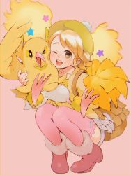 Rule 34 | 1girl, ;d, backpack, bag, blonde hair, boots, brown bag, brown eyes, commentary request, creatures (company), eyelashes, fur-trimmed boots, fur trim, game freak, gen 7 pokemon, highres, holding, holding pokemon, looking at viewer, nintendo, one eye closed, open mouth, orange mikan, oricorio, oricorio (pom-pom), pink thighhighs, pokemon, pokemon (creature), smile, squatting, star (symbol), teeth, thighhighs, tongue, upper teeth only