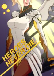 Rule 34 | 1girl, blonde hair, bodysuit, breasts, brown pantyhose, english text, gloves, glowing, glowing wings, head out of frame, highres, kawa-v, large breasts, lips, mechanical wings, mercy (overwatch), overwatch, overwatch 1, pantyhose, short hair, solo, staff, text focus, wings, yellow wings