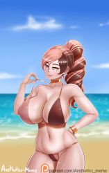 Rule 34 | 1girl, aestheticc-meme, armpit crease, artist name, beach, bikini, breasts, brown bikini, brown eyes, brown hair, cameltoe, cleavage, cloud, collarbone, commentary, cowboy shot, earrings, english commentary, hair between eyes, hand on own hip, highres, huge breasts, jewelry, multicolored hair, navel, neo politan, ocean, outdoors, pink hair, ponytail, rwby, sand, shortstack, smile, solo, sparkle, standing, stomach, strap pull, swimsuit, thick thighs, thighs, two-tone hair, water, watermark