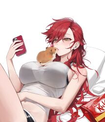 Rule 34 | 1girl, absurdres, airpods, bare shoulders, black shorts, bra visible through clothes, breasts, commentary, earbuds charging case, hamster, highres, holding, holding phone, large breasts, long hair, lying, maenoo, midriff, navel, on back, original, phone, pillow, red hair, shorts, symbol-only commentary, tank top, white background, white tank top, wireless earphones, wrapper, yellow eyes