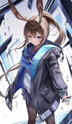 Rule 34 | 1girl, amiya (arknights), animal ear fluff, animal ears, arknights, black jacket, blue eyes, blue skirt, brown hair, brown pantyhose, center frills, closed mouth, commentary, frills, hair between eyes, highres, hood, hood down, hooded jacket, jacket, long hair, long sleeves, lunacle, open clothes, open jacket, pantyhose, ponytail, puffy long sleeves, puffy sleeves, rabbit ears, shirt, skirt, sleeves past wrists, solo, very long hair, white shirt