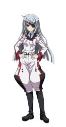 Rule 34 | 10s, 1girl, ahoge, blouse, blue necktie, brown hair, collared shirt, eyepatch, full body, hand on own hip, hands on own hips, highres, infinite stratos, jodhpurs, laura bodewig, long hair, looking at viewer, necktie, pants, shirt, silver hair, solo, transparent background, uniform, white shirt