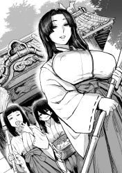 Rule 34 | 3girls, basket, black hair, blunt bangs, breasts, broom, building, closed mouth, covered erect nipples, fang, greyscale, hair between eyes, hakama, hakama skirt, highres, holding, holding basket, holding broom, ichiren takushou, japanese clothes, large breasts, long hair, looking at viewer, miko, monochrome, mother and daughter, multiple girls, open mouth, original, parted bangs, siblings, sisters, skirt, smile, tearing up, wide sleeves, yawning