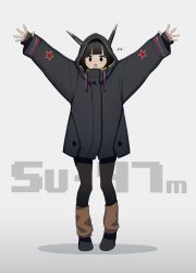 Rule 34 | 1girl, absurdres, black eyes, black hair, blunt bangs, character name, fami (yellow skies), full body, grey background, highres, hood, hoodie, long hair, open mouth, original, personification, revision, shoes, solo, standing, star (symbol), su-47 berkut, | |