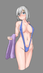 Rule 34 | 1girl, absurdres, areola slip, blue eyes, breasts, cowboy shot, cropped legs, eyes visible through hair, grey background, hair ornament, hair over one eye, hairclip, hamakaze (kancolle), highres, kantai collection, large breasts, maru (marg0613), navel, short hair, silver hair, simple background, slingshot swimsuit, solo, standing, swimsuit, towel