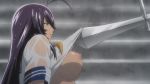 Rule 34 | 10s, 1girl, animated, assisted exposure, blue eyes, bouncing breasts, breasts, dark-skinned female, dark skin, female focus, hair over one eye, highres, ikkitousen, kan&#039;u unchou, large breasts, long hair, nipples, no bra, polearm, purple hair, rain, school uniform, serafuku, shirt, solo, spear, torn clothes, torn shirt, undressing, upper body, video, weapon, video, wet, wet clothes