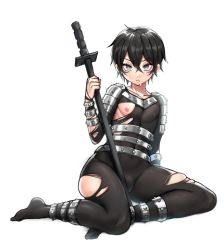 Rule 34 | 1boy, androgynous, black hair, bodysuit, bulge, facial mark, full body, highres, holding, holding sword, holding weapon, nipples, one-punch man, onsoku no sonic, open mouth, seitarou, short hair, sitting, solo, sword, tail, torn clothes, trap, weapon, wide hips
