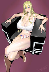 Rule 34 | 1girl, american flag, american flag panties, american flag print, armchair, bare arms, bare shoulders, blonde hair, blue eyes, blush, boots, breasts, brown footwear, chair, cleavage, collarbone, covered erect nipples, cropped shirt, crossed legs, flag print, foot out of frame, hair between eyes, high heel boots, high heels, highres, huge breasts, knee boots, kotoyoshi yumisuke, lips, long hair, looking at viewer, mature female, navel, original, parted lips, reclining, shiny skin, signature, simple background, sitting, solo, stomach, tank top, thighs, underboob, veins, veiny breasts, very long hair, white tank top