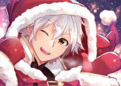 Rule 34 | 1boy, cape, christmas, fire emblem, fire emblem awakening, fire emblem heroes, gloves, highres, hood, jewelry, looking at viewer, male focus, nakabayashi zun, nintendo, one eye closed, open mouth, robe, robin (fire emblem), robin (male) (fire emblem), robin (male) (winter) (fire emblem), santa costume, short hair, simple background, smile, solo, tiara, white hair, yellow eyes