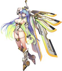 Rule 34 | 1girl, armpits, blonde hair, blush, breasts, elbow gloves, full body, gloves, green hair, highres, last origin, leotard, long hair, mechanical wings, multicolored hair, official art, paintale, red eyes, smile, sword, tachi-e, tiamat (last origin), transparent background, two-tone hair, very long hair, weapon, white leotard, wings