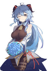 Rule 34 | 1girl, ;), ahoge, bare shoulders, bell, black pantyhose, blue hair, blush, bodysuit, bow, breasts, cowbell, flower, ganyu (genshin impact), genshin impact, hair bow, happy, highres, horns, looking at viewer, low ponytail, medium breasts, one eye closed, open mouth, pantyhose, smile