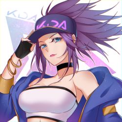 Rule 34 | 1girl, akali, bangle, bare shoulders, blue eyes, bracelet, breasts, choker, doming, fingerless gloves, flat cap, gloves, hand on headwear, hat, highres, jacket, jewelry, k/da (league of legends), k/da akali, large breasts, league of legends, lipstick, long hair, looking at viewer, makeup, official alternate costume, parted lips, ponytail, purple hair, smile, solo, strapless, tube top, upper body