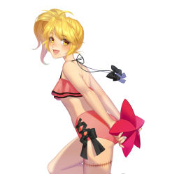 Rule 34 | 1boy, benio (zone-00), bikini, blonde hair, blush, buming, from behind, long hair, looking back, male focus, mole, mole under mouth, open mouth, scar, side ponytail, simple background, solo, swimsuit, trap, white background, wings, yellow eyes, zone-00