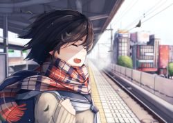 Rule 34 | 1girl, :d, absurdres, backpack, bag, black hair, blurry, blush, checkered clothes, checkered scarf, commentary request, depth of field, closed eyes, fang, highres, open mouth, original, plan (planhaplalan), railroad tracks, scarf, sleeves past wrists, smile, solo, sweater, tactile paving, train station, train station platform, wind
