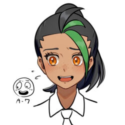 Rule 34 | 1girl, black hair, blush, collared shirt, commentary request, creatures (company), echizen (n fns17), emoji, eyelashes, flying sweatdrops, freckles, game freak, green hair, looking down, multicolored hair, necktie, nemona (pokemon), nintendo, open mouth, orange eyes, pokemon, pokemon sv, ponytail, shirt, solo, teeth, tongue, two-tone hair, upper teeth only, white background, white necktie, white shirt
