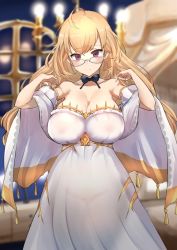 Rule 34 | 1girl, ahoge, alternate hairstyle, arms up, bespectacled, blonde hair, blurry, blurry background, blush, bow, bowtie, breasts, cleavage, commentary, dress, glasses, hair down, highres, indoors, large breasts, long dress, long hair, looking at viewer, nijisanji, nuezou, purple eyes, see-through, shawl, solo, standing, takamiya rion, takamiya rion (2nd costume), virtual youtuber, white dress