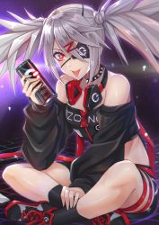 Rule 34 | 1girl, absurdres, bare shoulders, black choker, black collar, black footwear, black jacket, black shirt, black socks, breasts, can, choker, clothes writing, collar, collarbone, crop top, dive to zone, eyepatch, grey hair, gu li, hair ornament, hair over one eye, hand up, headphones, headphones around neck, highres, holding, holding can, indian style, jacket, long hair, long sleeves, looking at viewer, medium breasts, midriff, multicolored footwear, off-shoulder shirt, off shoulder, power symbol, red eyes, red footwear, red shorts, revision, shirt, shoes, shorts, sidelocks, sitting, small breasts, sneakers, socks, solo, spiked collar, spiked hair, spikes, symbol-shaped pupils, thigh strap, thighs, tongue, tongue out, twintails