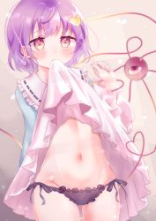 Rule 34 | 1girl, absurdres, black panties, bloom, blouse, blue shirt, blush, clothes lift, commentary request, cowboy shot, dutch angle, eyeball, fingernails, frilled shirt collar, frills, grey background, hand up, heart, heart-shaped pupils, heart of string, highres, komeiji satori, lifting own clothes, looking at viewer, mouth hold, navel, panties, pink eyes, pink hair, pink skirt, shirt, short hair, simple background, skirt, skirt lift, solo, suzukkyu, symbol-shaped pupils, third eye, touhou, underwear