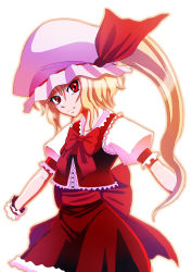 Rule 34 | 1girl, blonde hair, bow, byakuya (shallwefly), fang, female focus, flandre scarlet, frilled vest, frills, hair between eyes, hat, hat bow, head tilt, long hair, looking at viewer, mob cap, outline, ponytail, puffy sleeves, ribbon, short sleeves, simple background, solo, touhou, uniform, vest, white background