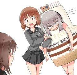 Rule 34 | 10s, 3girls, :d, alternate costume, black skirt, blue eyes, blush, boko (girls und panzer), brown eyes, brown hair, cake, cake costume, candle, commentary request, constricted pupils, costume, dress shirt, english text, food, frown, girls und panzer, grey shirt, happy birthday, itsumi erika, kitayama miuki, kuromorimine school uniform, locked arms, long hair, long sleeves, looking at another, looking at viewer, miniskirt, motion lines, multiple girls, nishizumi maho, nishizumi miho, open mouth, pleated skirt, restrained, school uniform, shirt, short hair, siblings, silver hair, simple background, sisters, skirt, smile, standing, v-shaped eyebrows, white background